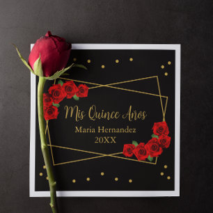 Red Rose Black and Gold Quinceañera Napkin