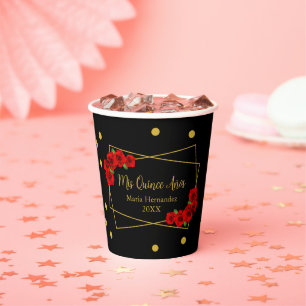 Red Rose Black and Gold Quinceañera Paper Cups