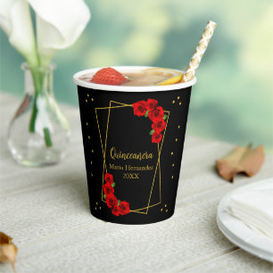 Red Rose Black and Gold Quinceañera Paper Cups