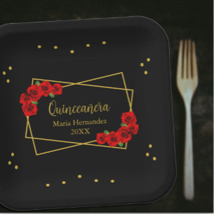 Red Rose Black and Gold Quinceañera Paper Plate