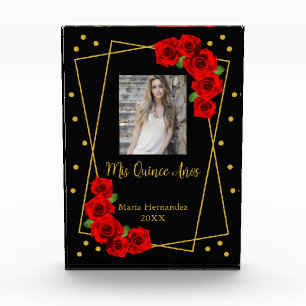 Red Rose Black and Gold Quinceañera Photo Block