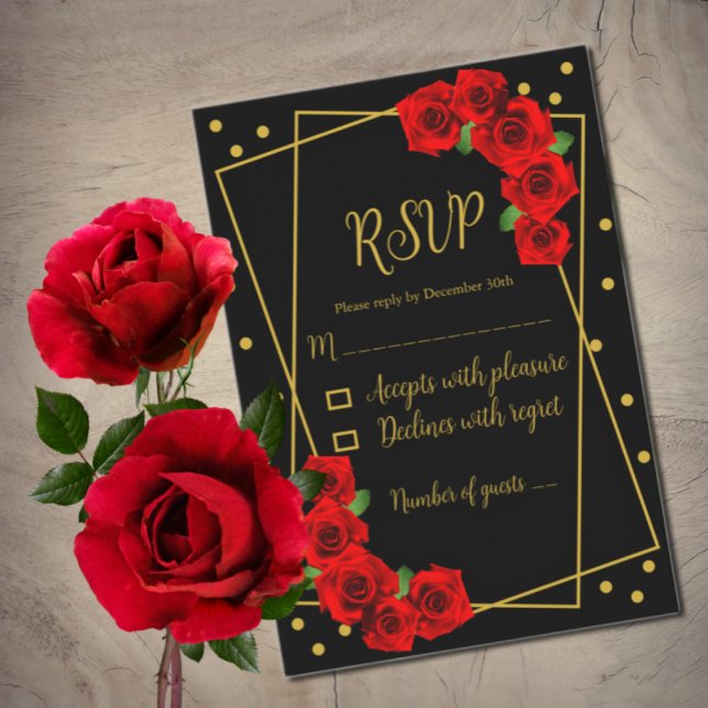 Red Rose Black and Gold Quinceañera RSVP Card (Creator Uploaded)