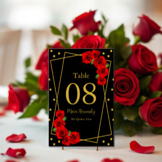 Red Rose Black and Gold Quinceañera Table Number