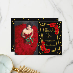Red Rose Black and Gold Quinceañera Thank You Card