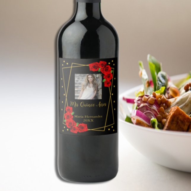 Red Rose Black and Gold Quinceañera Wine Label (Creator Uploaded)
