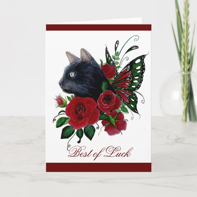 Red rose black fairy kitty greeting card (Front)