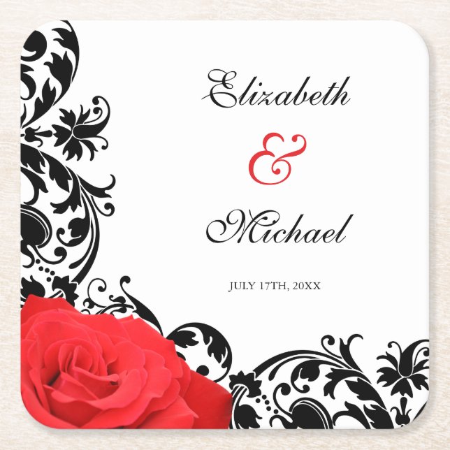 Red Rose Black Flourish Personalised Wedding Square Paper Coaster (Front)