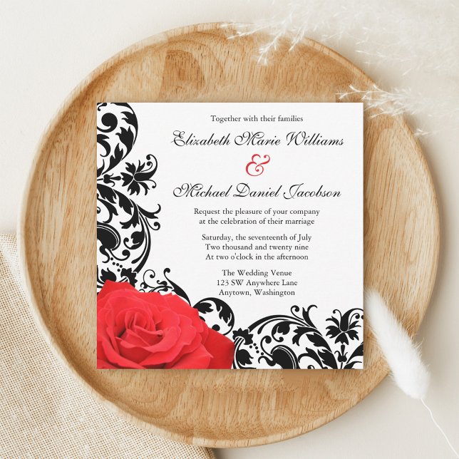 Red Rose Black Flourish Wedding Invitations (Creator Uploaded)