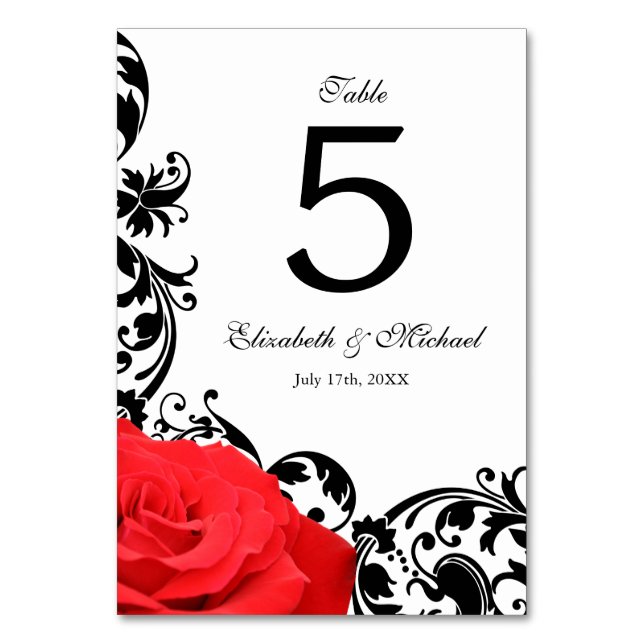 Red Rose Black Flourish Wedding Table Number (Front)