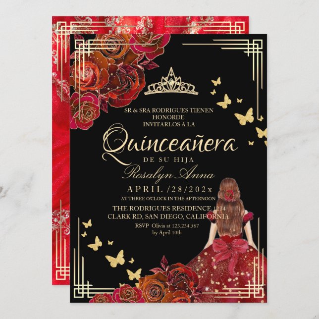 Red Rose Black Gold Butterfly Quinceañera Invitation (Front/Back)