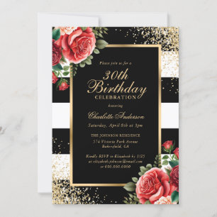 Red Rose Black Gold Confetti Floral 30th Birthday Invitation