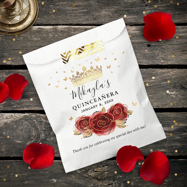 Red Rose Black Gold Elegant Quinceanera Thank You Favour Bags (Elegant red and gold personalized thank you favor bags for your guests!)