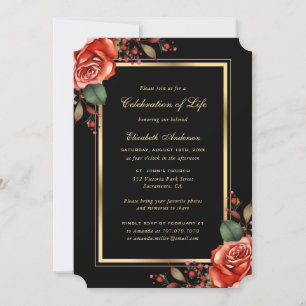 Red Rose Black Gold Photo Celebration of Life Invitation