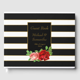 Red Rose, Black, White & Gold Stripe - Guest Book