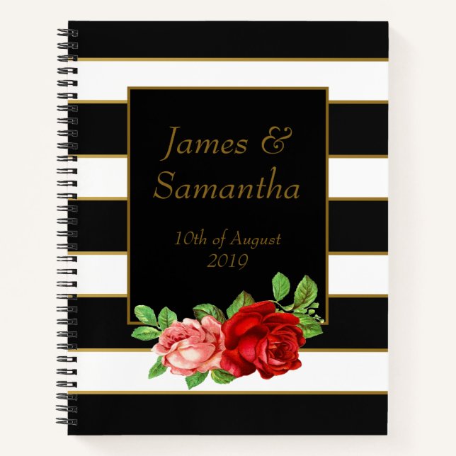 Red Rose, Black, White & Gold Stripe - Planner Notebook (Front)