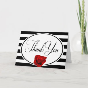 Red Rose Black White Stripe Wedding Thank You Card
