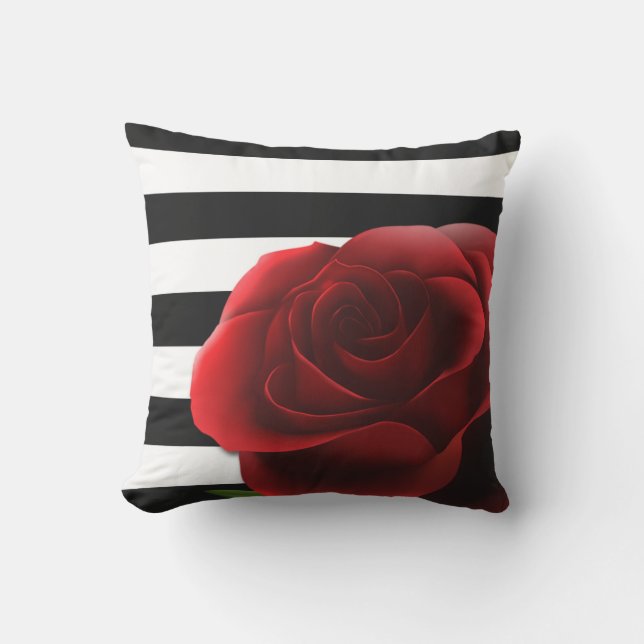 Red Rose & Black White Stripes Cushion (Front)