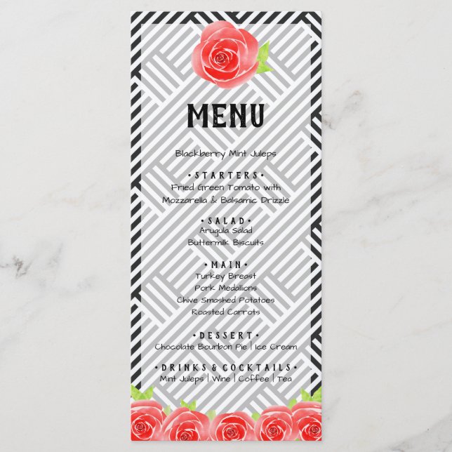 Red Rose Black & White Stripes Derby  Menu (Front)