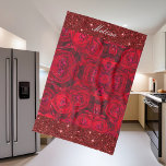 Red rose blossoms with dewdrops - photography tea towel<br><div class="desc">This kitchen towel features a wonderful floral pattern of deep red roses - the queen of flowers for all ladies and flower lovers. Custom text and glitter. Original photo by Marions Art.</div>