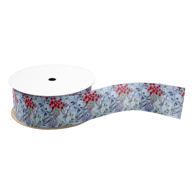 Red Rose Blue White Blossom Grosgrain Ribbon (Spool)