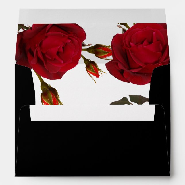Red Rose Botanical Modern Wedding Black Envelope (Back (Bottom))