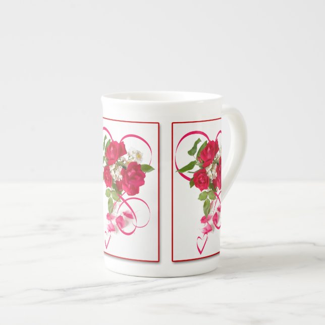 Red Rose Bouquet and Ribbon Bone China Mug (Front Right)