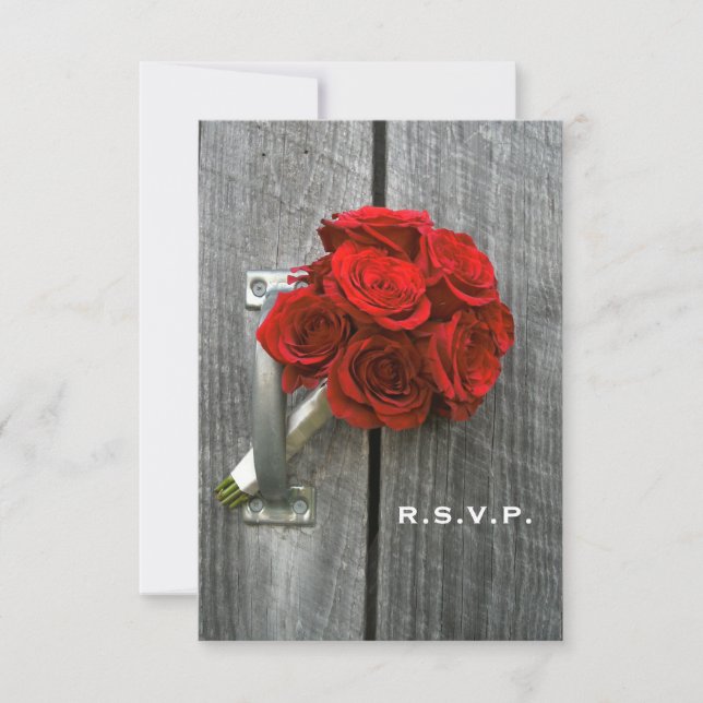 Red Rose Bouquet & Barn Wood Wedding RSVP Card (Front)