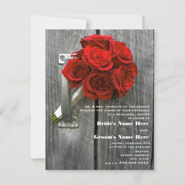 Red Rose Bouquet Barnwood Rehearsal Dinner Invite (Front)