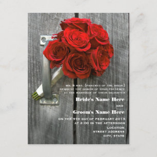 Red Rose Bouquet & Barnwood Wedding Invitation