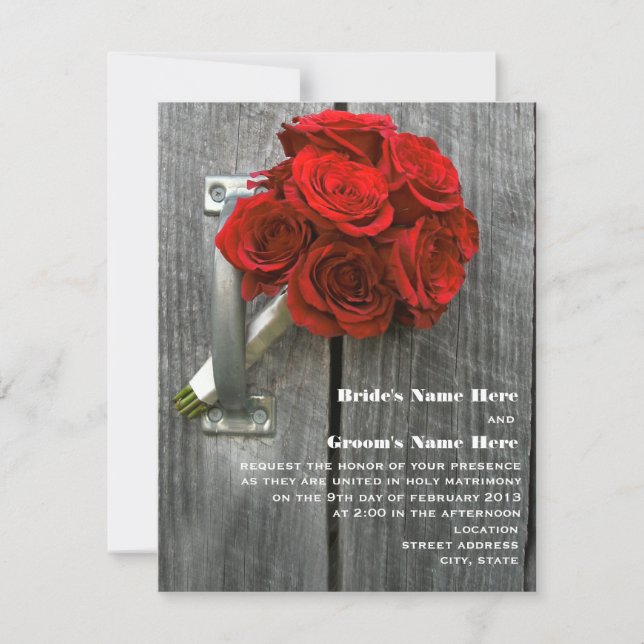 Red Rose Bouquet & Barnwood Wedding Invitation (Front)