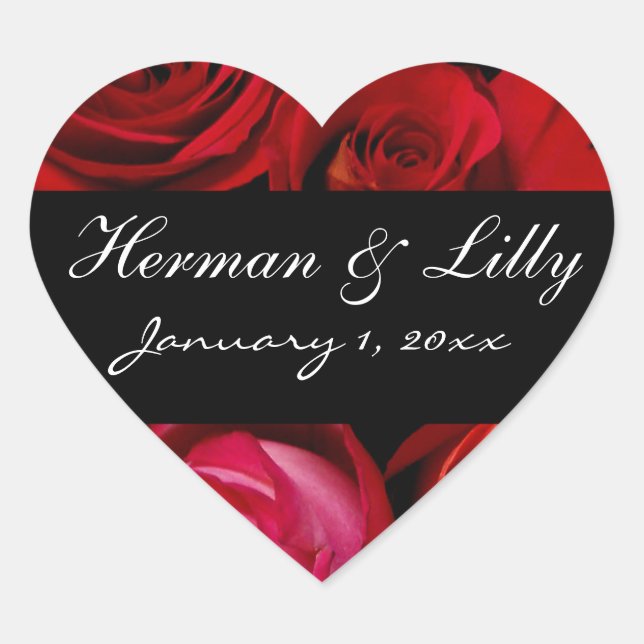 Red Rose Bouquet Personalised Wedding Heart Sticker (Front)