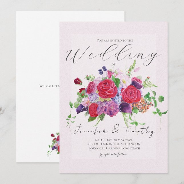 red rose bouquet watercolour  wedding invitation  (Front/Back)