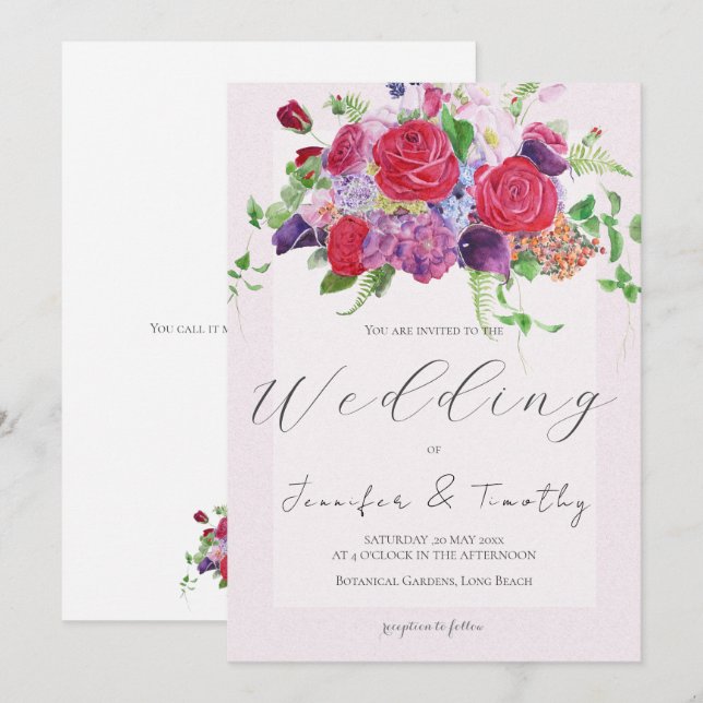 red rose bouquet watercolour  wedding invitation 2 (Front/Back)