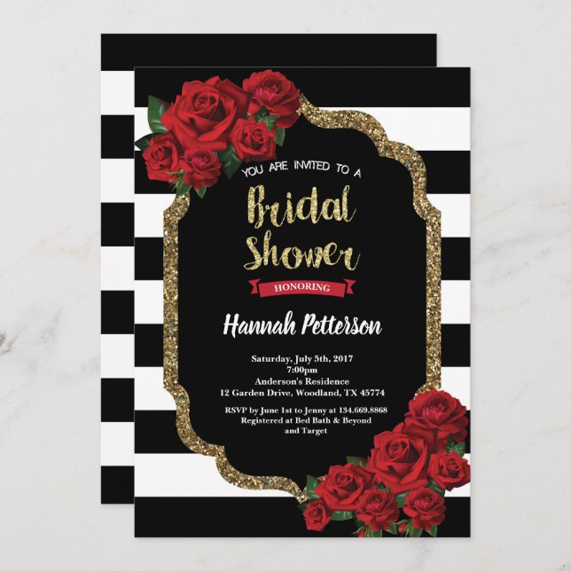Red rose bridal shower invitation black and gold (Front/Back)