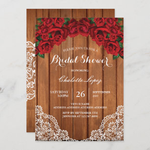 Red rose bridal shower invitation rustic wood
