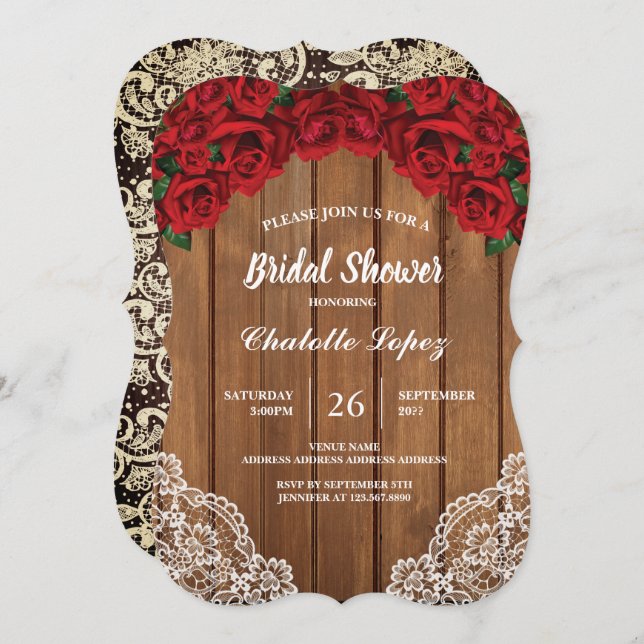 Red rose bridal shower rustic wood invitation (Front/Back)
