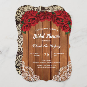 Red rose bridal shower rustic wood invitation