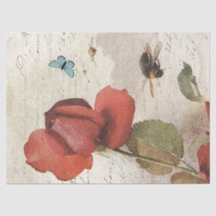 Red Rose Bumblebee French Script Butterfly Vintage Tissue Paper
