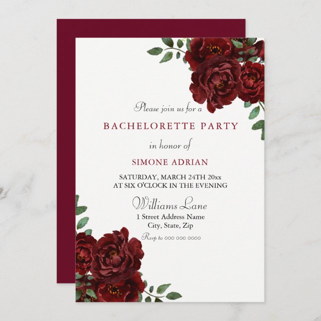 Red Rose Burgundy Elegant Bachelorette Party Invitation (Front/Back)