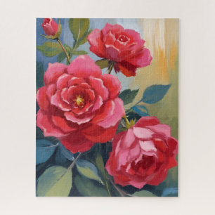 Red Rose Bush Watercolor Floral Painting Jigsaw Puzzle