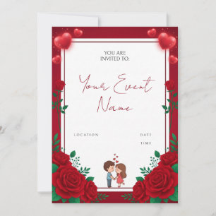 Red Rose Cartoon Couple Valentine Invitation