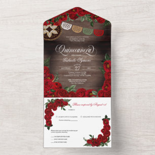 Red Rose Charro Rustic Country Quinceañera All In One Invitation