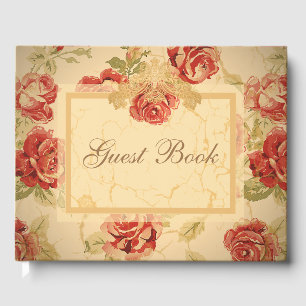 Red rose, cream, tan antique floral guest book