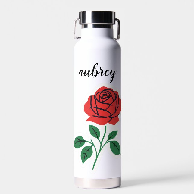 Red Rose Customisable Name  Water Bottle (Front)