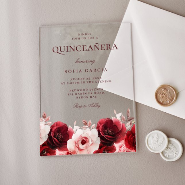 Red Rose Elegance: Gorgeous Quinceanera Party Acrylic Invitations (Creator Uploaded)