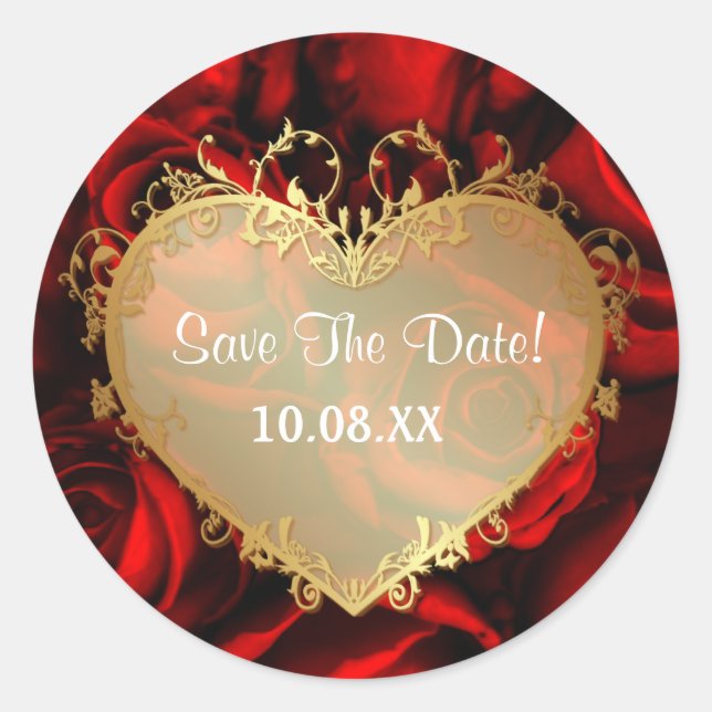 Red Rose Elegance -  Save the Date Round Classic Round Sticker (Front)