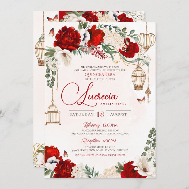 Red Rose Elegant Botanical Butterfly Quinceañera Invitation (Front/Back)