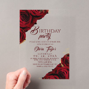 Red Rose Elegant Floral Birthday Party Acrylic Invitations