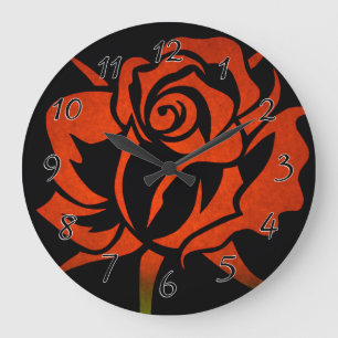 Red Rose Etching on Black Large Clock