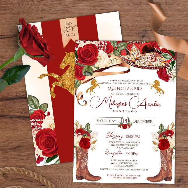 Red Rose Fancy Mariachi Western Charra Quinceanera Invitation (Creator Uploaded)